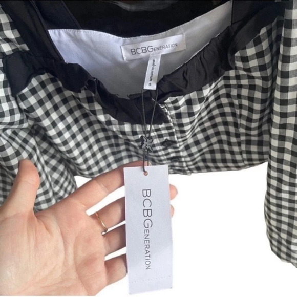 BCBGeneration Crop Top Ruffled Gingham Black White Blouse Top Shirt Sz S NWT $78 - Picture 4 of 13
